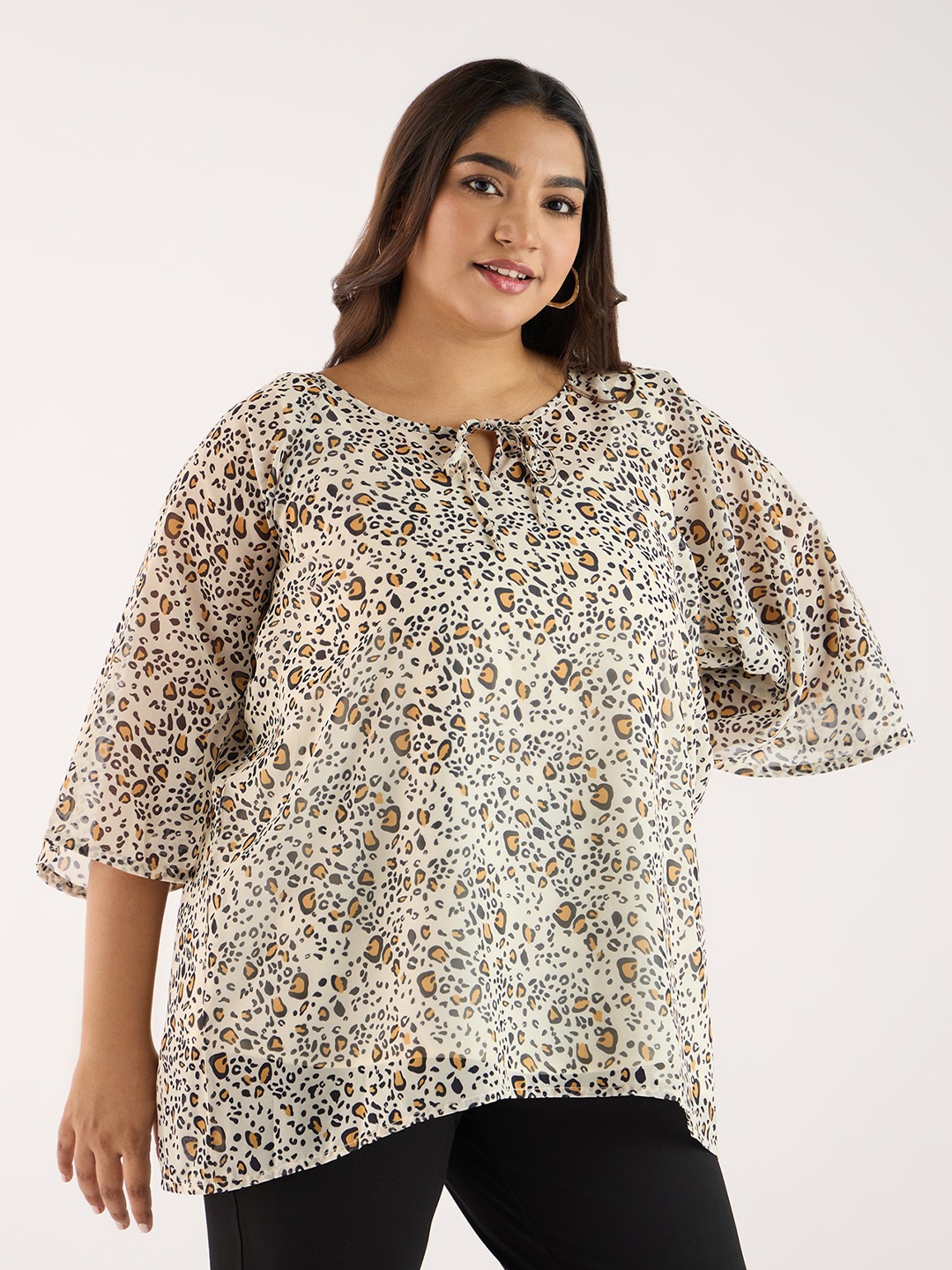 

Big Hello - The Plus Life Animal Print Tie-Up Neck Top, Beige