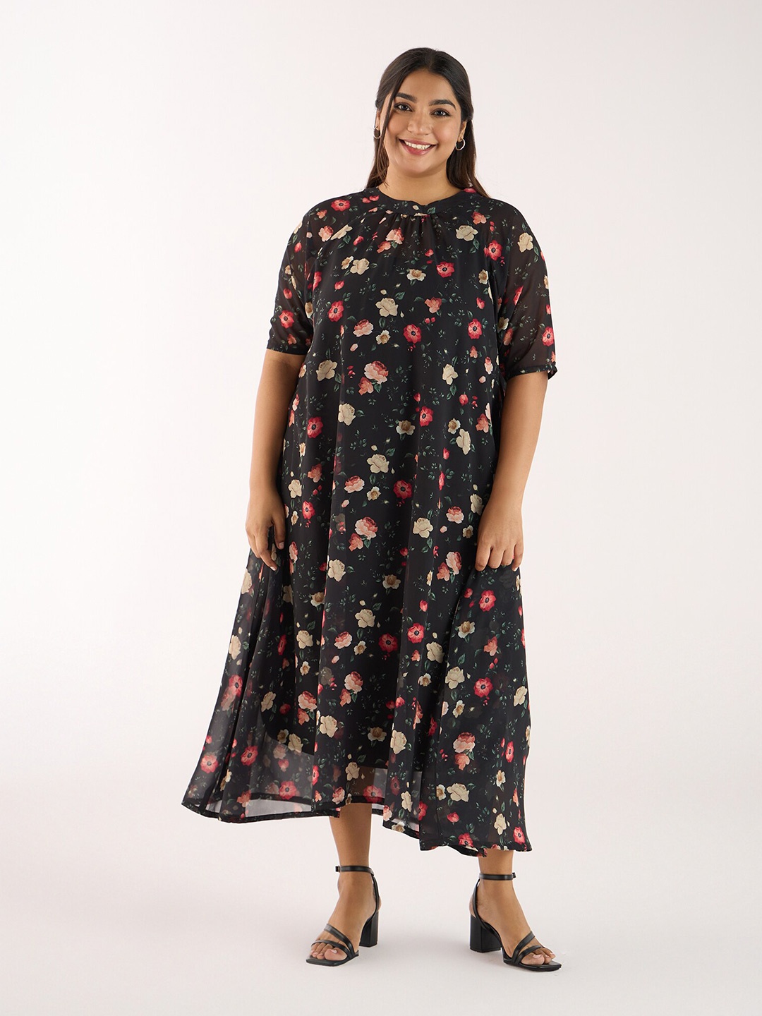 

Big Hello - The Plus Life Floral Printed Round Neck Maxi A-Line Dress, Black