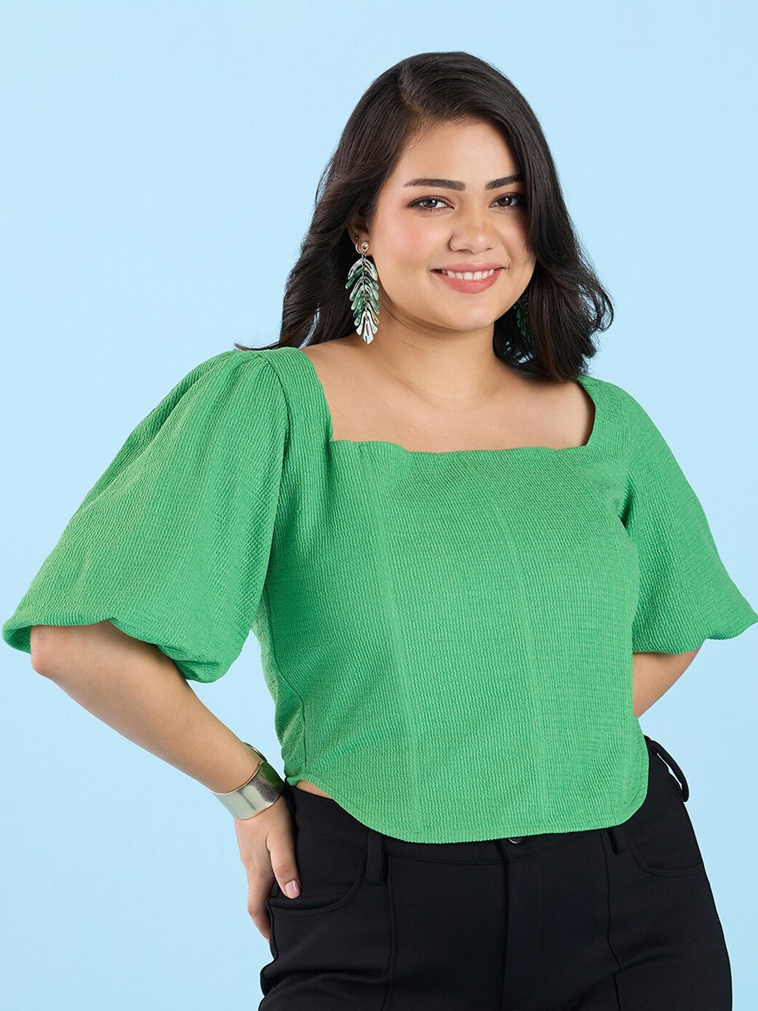 

Big Hello - The Plus Life Square Neck Puff Sleeve Top, Green