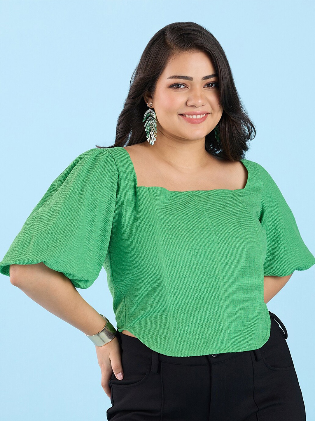 

Big Hello - The Plus Life Self Design Puff Sleeves Square Neck Top, Green