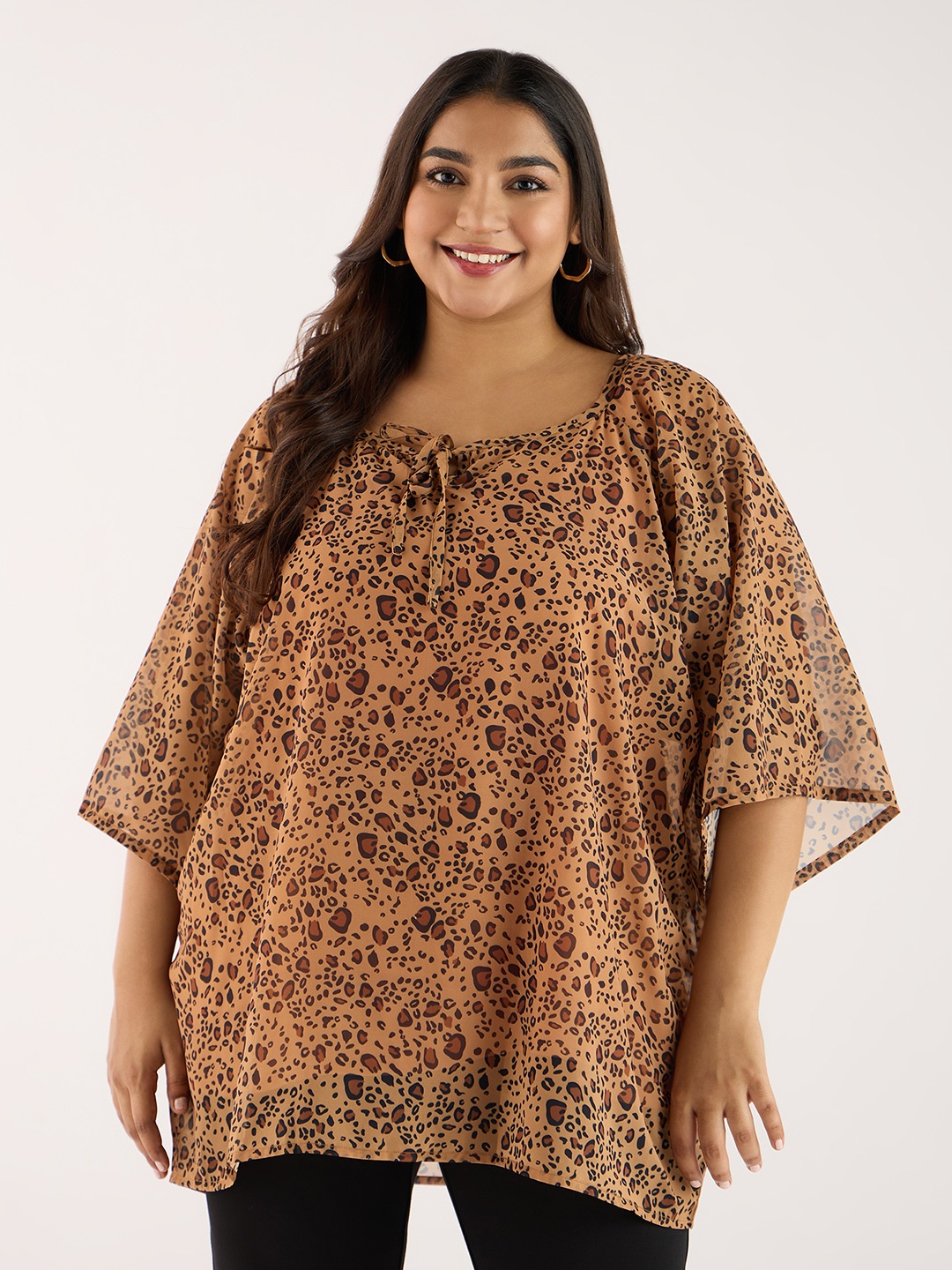 

Big Hello - The Plus Life Animal Print Tie-Up Neck Top, Brown