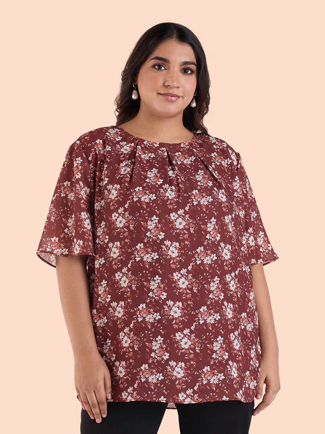 

Big Hello - The Plus Life Floral Print Flared Sleeve Top, Brown