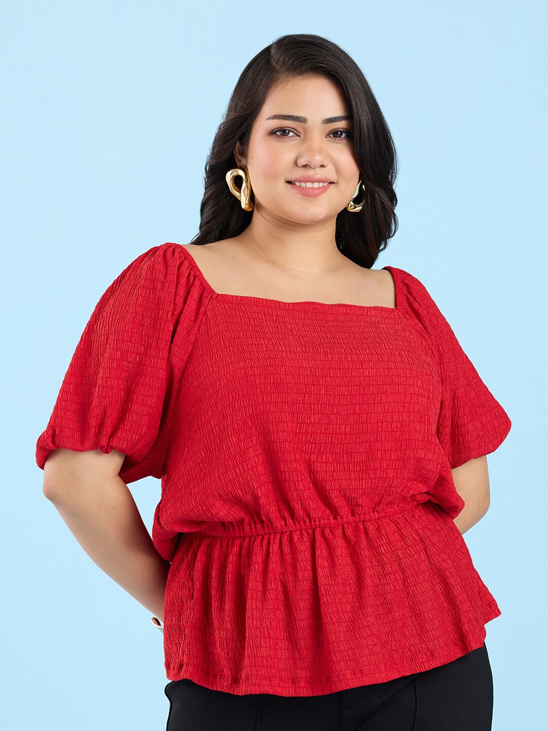 

Big Hello - The Plus Life Puff Sleeve Cinched Waist Top, Red