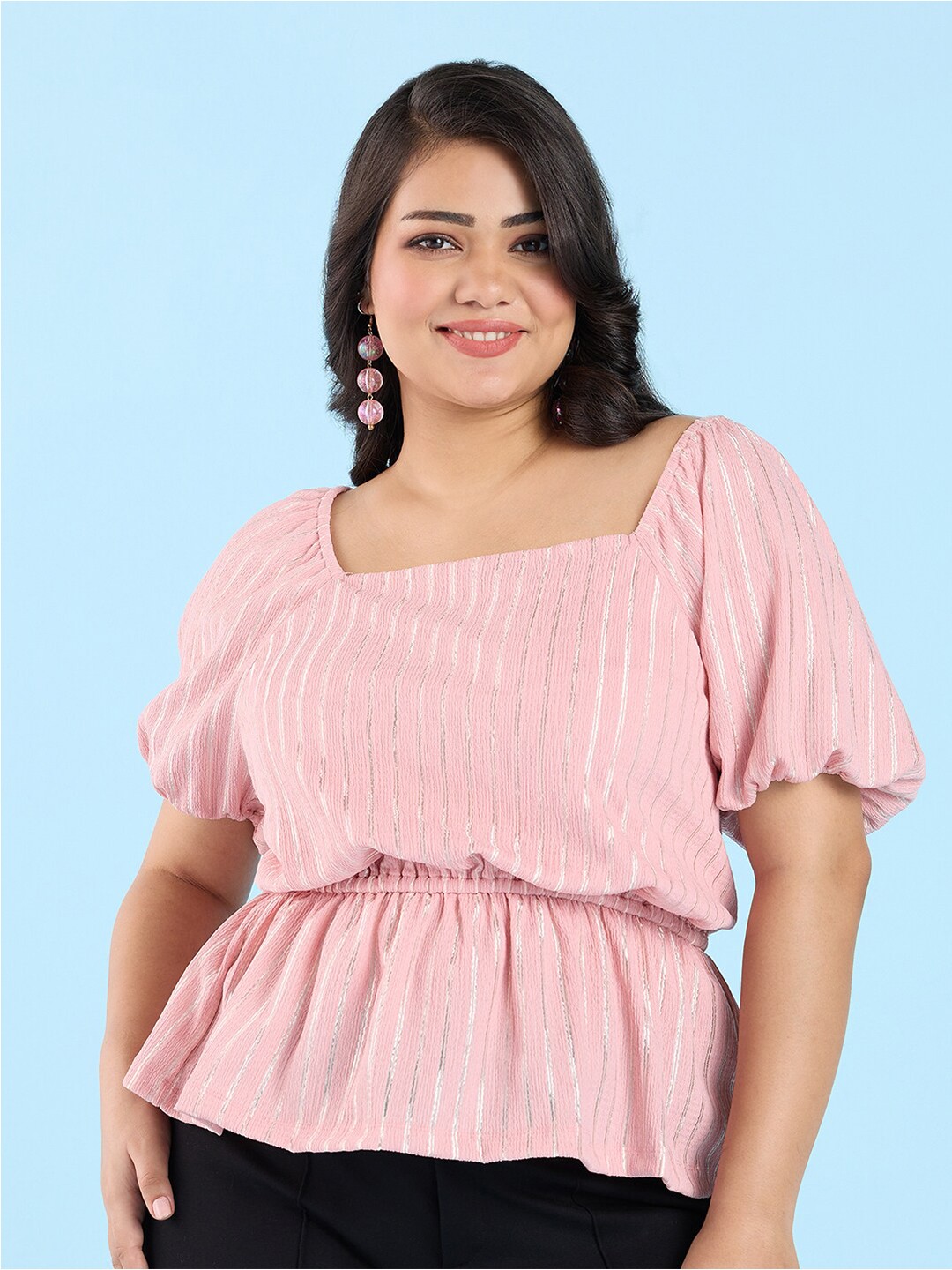 

Big Hello - The Plus Life Striped Square Neck Puff Sleeve Top, Pink