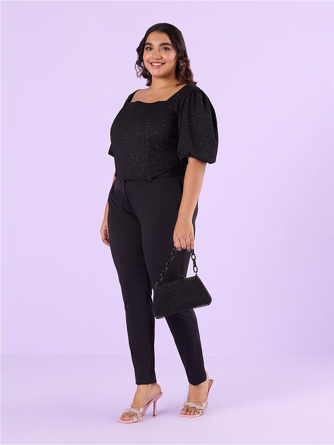 

Big Hello - The Plus Life Self Design Puff Sleeves Square Neck Top, Black