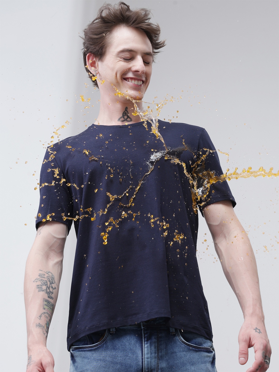 

TURMS Anti-Stain Anti-Odor Water Repellent Crew Neck Casual T-Shirt, Blue