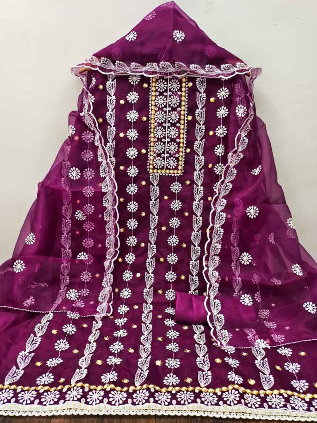 

faxofab Ethnic Motifs Organza Unstitched Dress Material, Purple