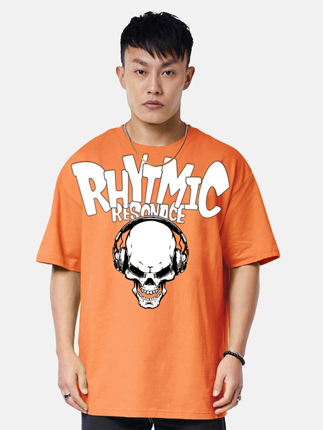 

VEIRDO Round Neck Short Sleeves Graphic Printed Pure Cotton Cotton Oversized T-shirt, Orange