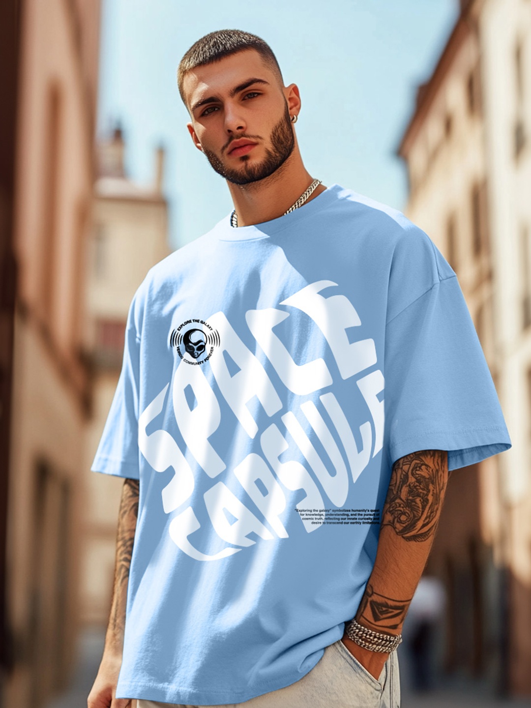 

VEIRDO Typography Printed Drop-Shoulder Sleeves Pure Cotton Oversized T-shirt, Blue