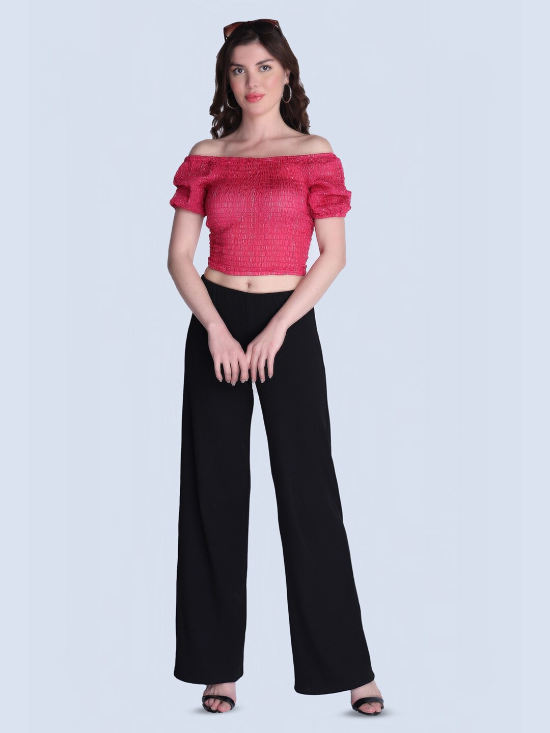 

Orchid Blues Self Design Off-Shoulder Bardot Crop Top, Pink