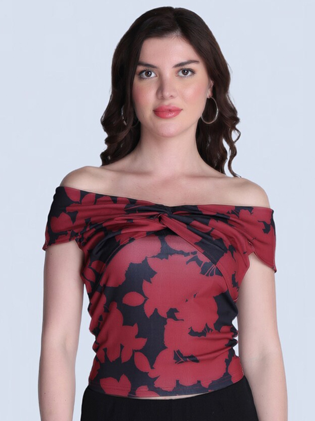 

Orchid Blues Floral Printed Off-Shoulder Bardot Top, Red