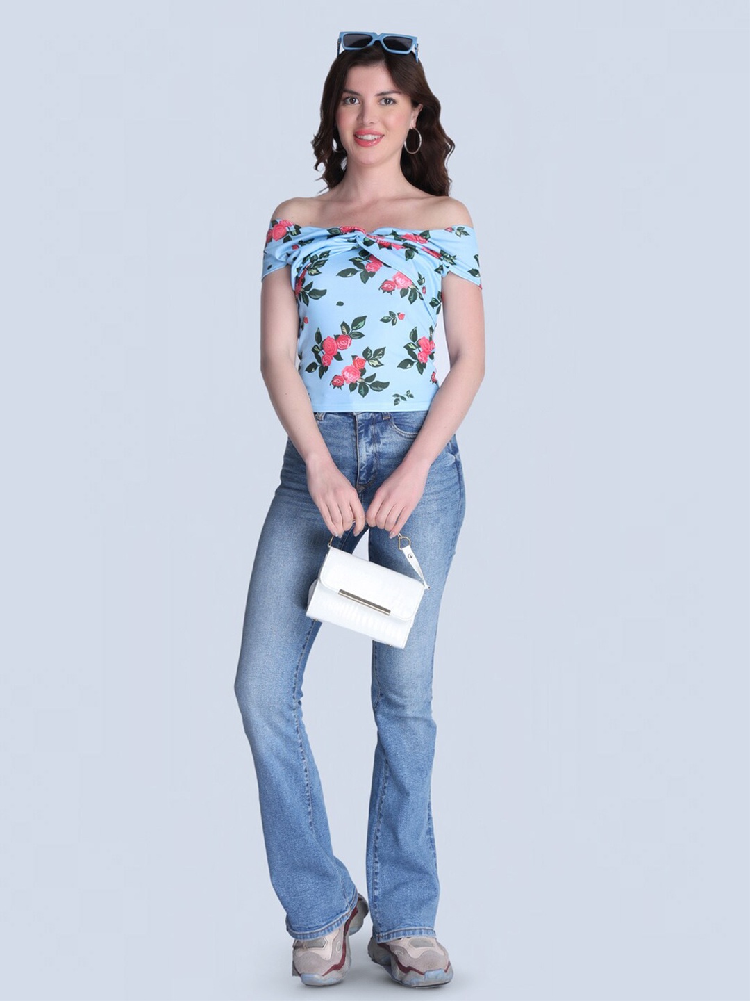

Orchid Blues Floral Printed Off-Shoulder Bardot Crop Top, Blue
