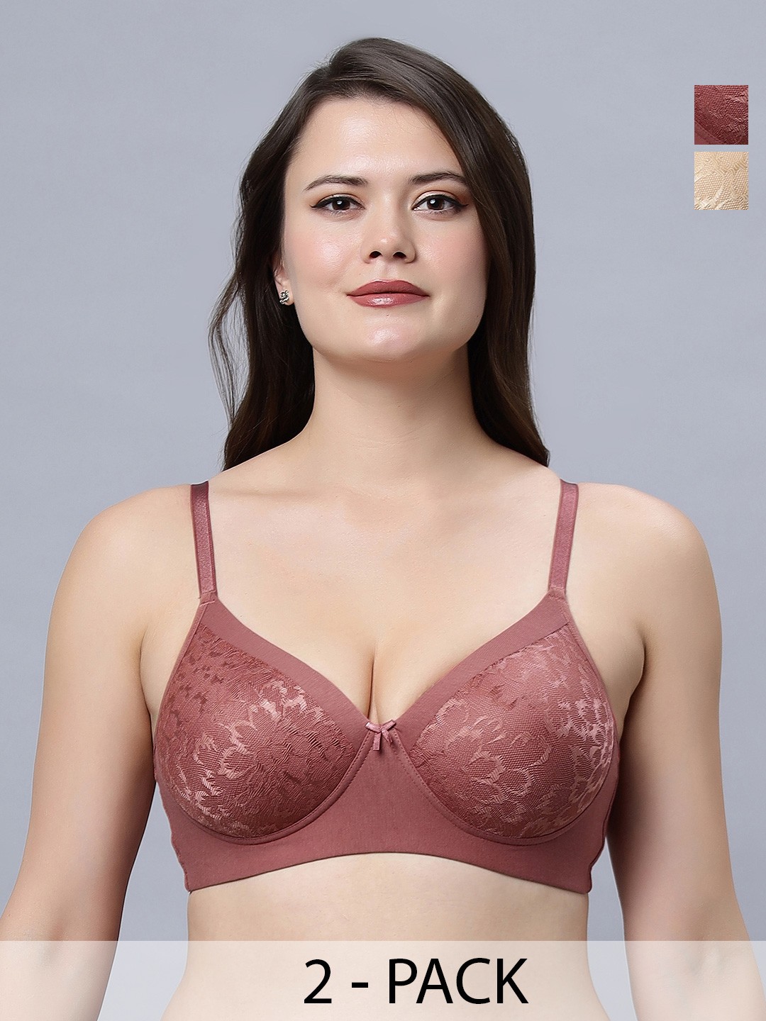 

In Care Pack Of 2 Lace Heavily Padded Pure Cotton Push-Up Bra With All Day Comfort, Brown