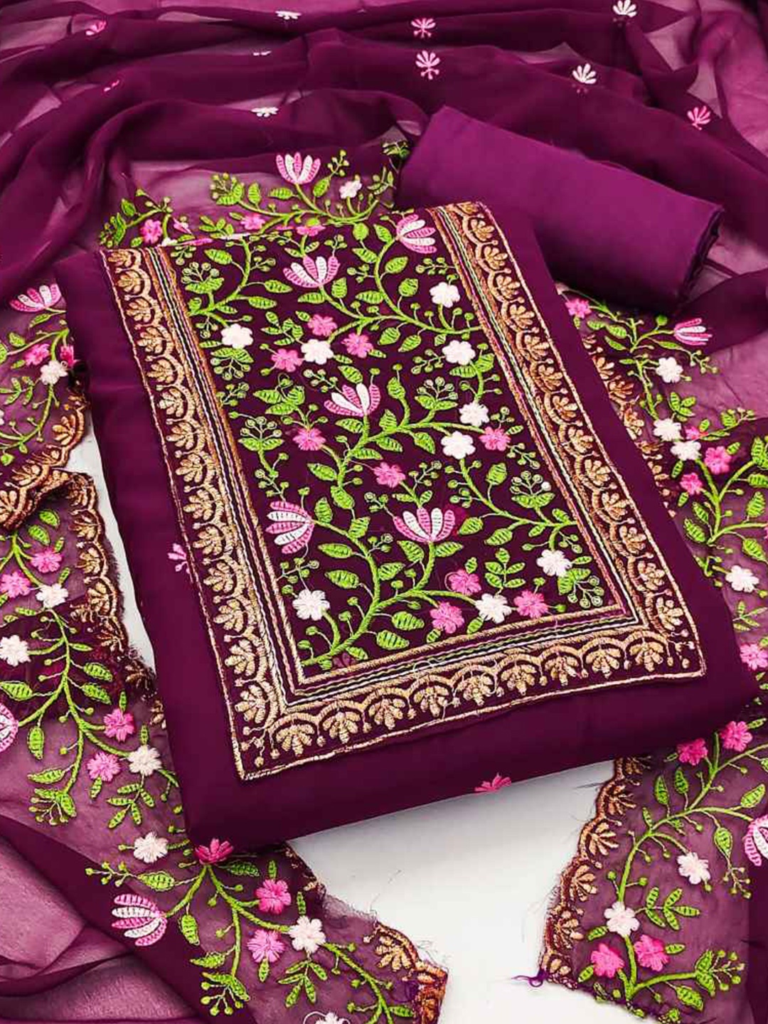 

faxofab Ethnic Motifs Embroidered Silk Georgette Unstitched Dress Material, Purple