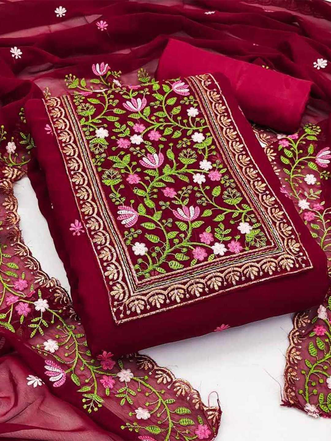 

faxofab Thread Work Embroidered Silk Georgette Unstitched Dress Material, Maroon