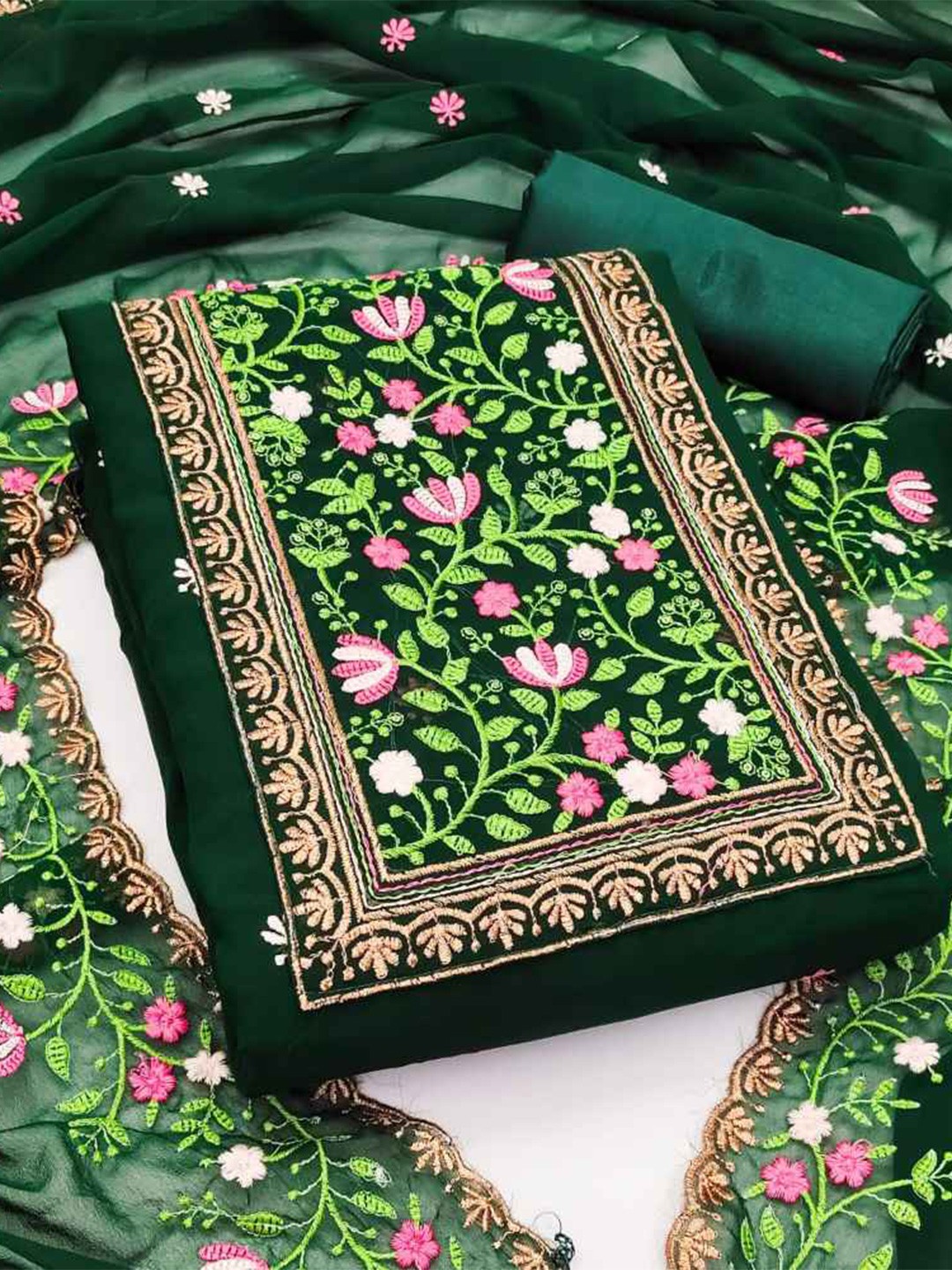 

faxofab Ethnic Motifs Embroidered Silk Georgette Unstitched Dress Material, Green