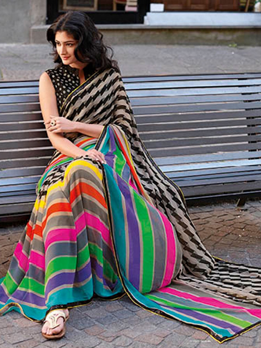 

Anouk Black & Yellow Striped Sequinned Leheriya Saree