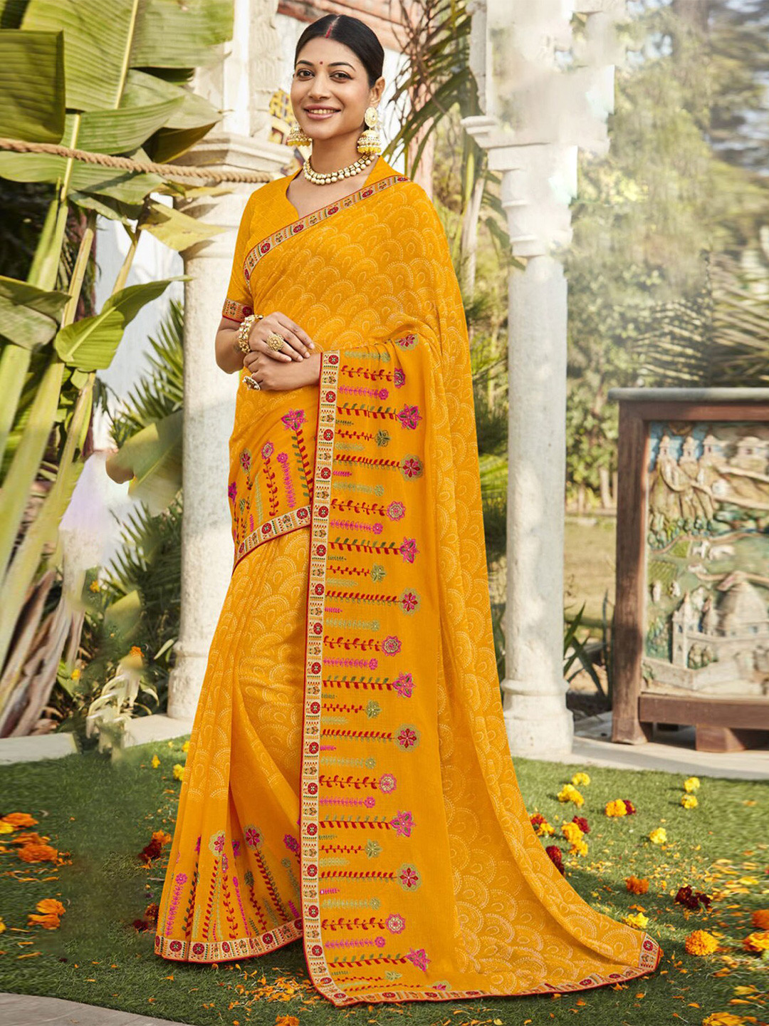 

Anouk Mustard & Red Ethnic Motifs Embroidered Saree