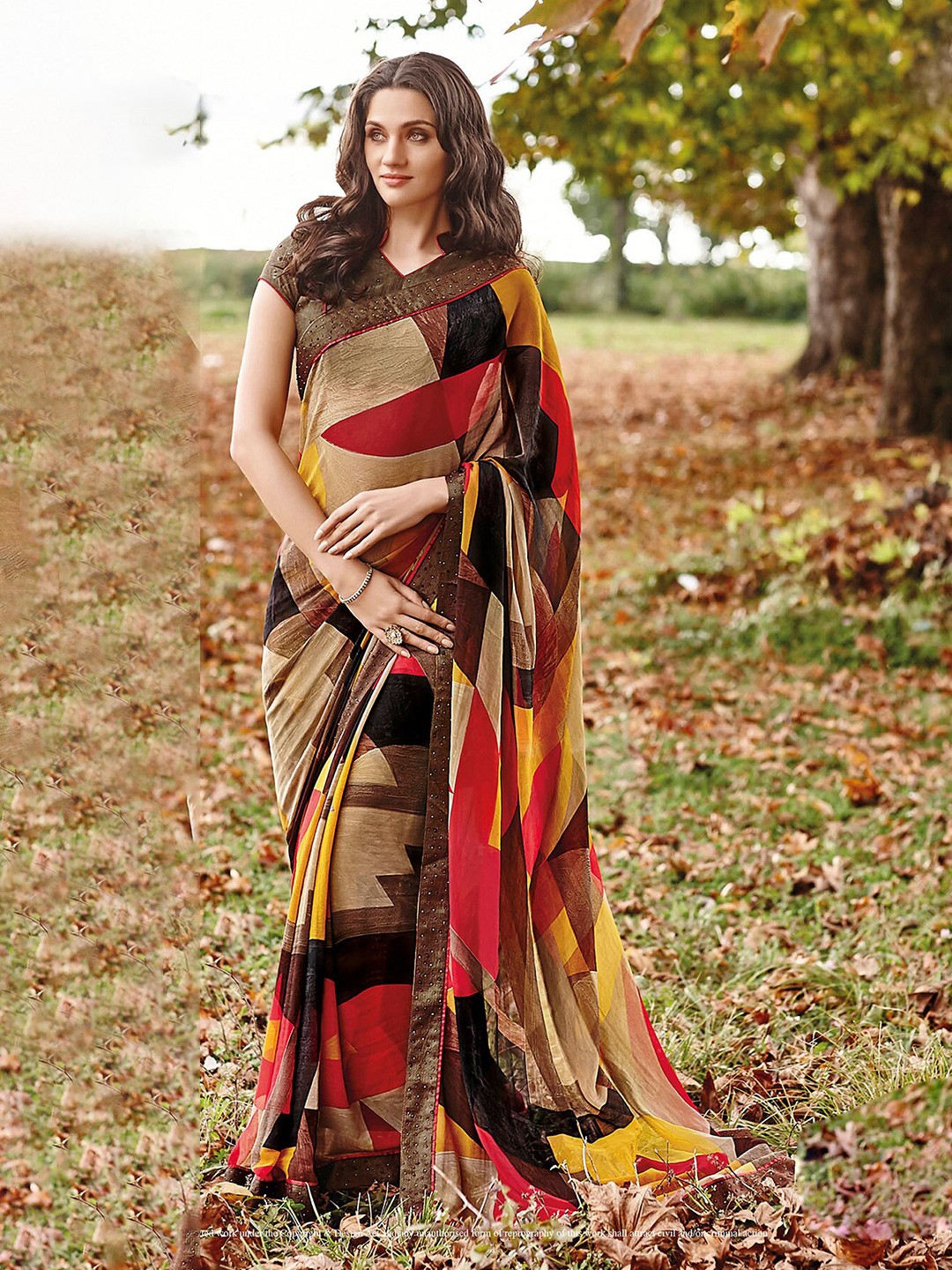 

Anouk Yellow & Red Colourblocked Beads and Stones Designer Saree