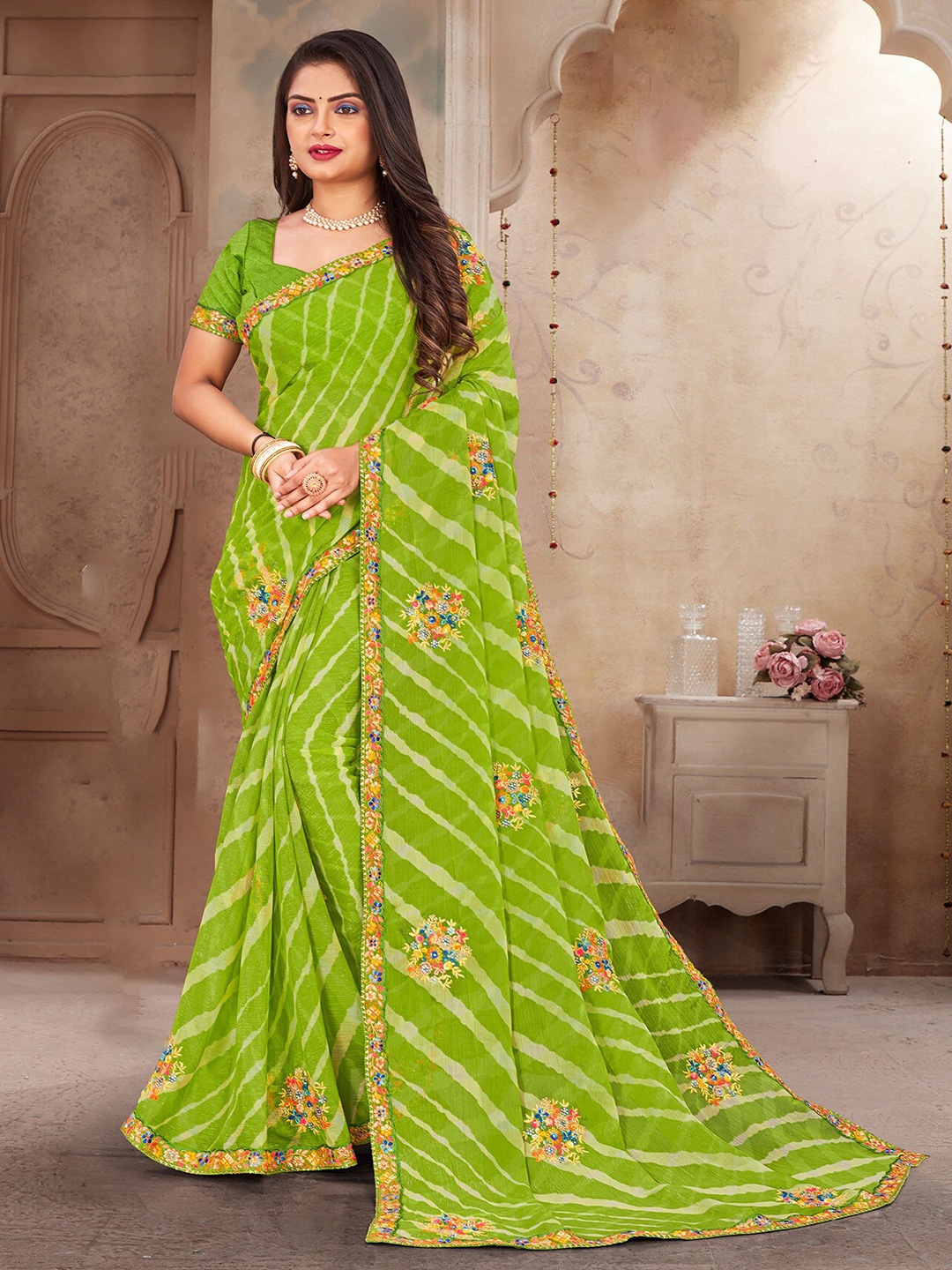 

Anouk Leheriya Embroidered Leheriya Saree, Green