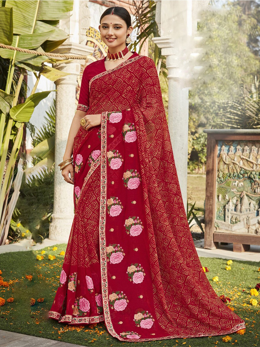 

Anouk Floral Block Print Saree, Maroon