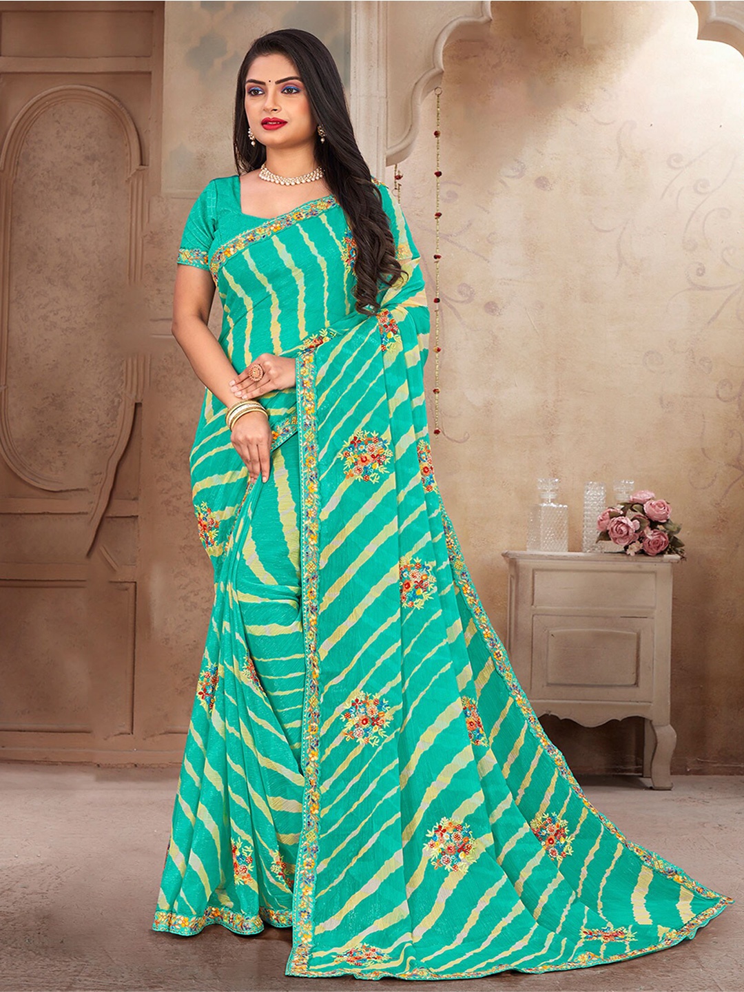 

Anouk Leheriya Embroidered Leheriya Saree, Blue