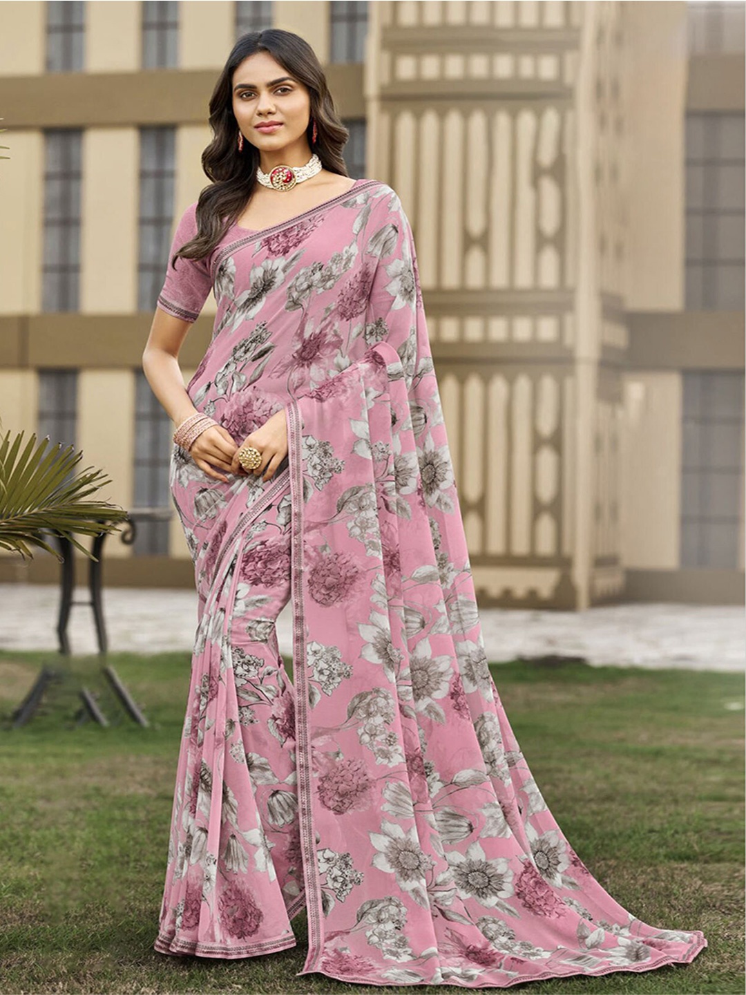Anouk Floral Printed Saree, Pink