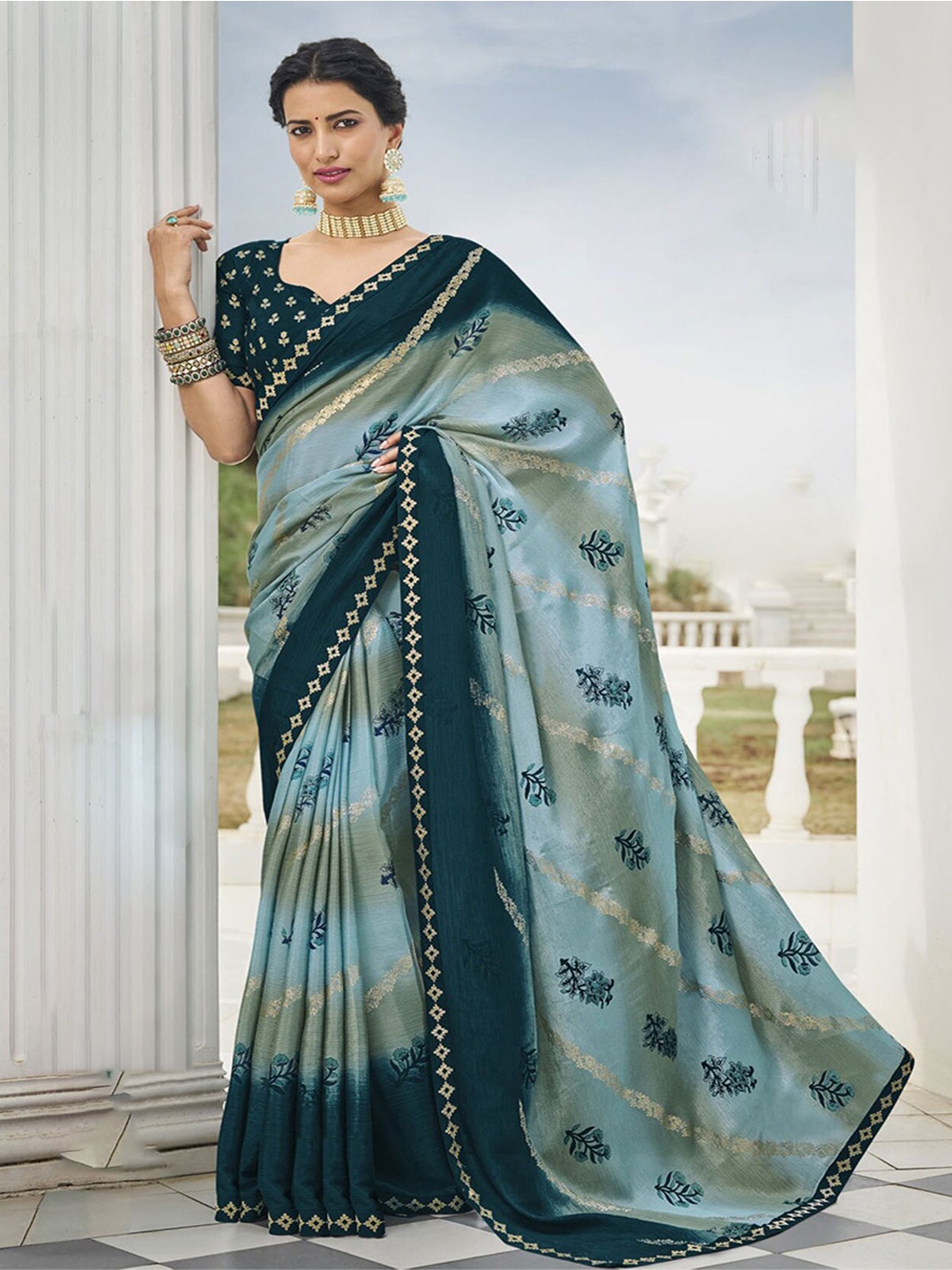 

Anouk Floral Printed Embroidered Saree, Blue