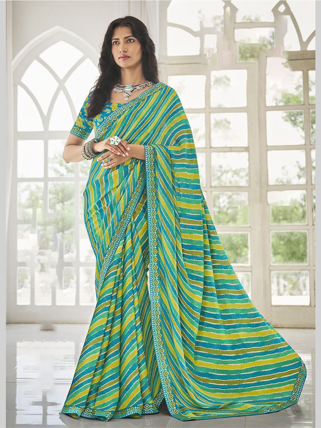 Anouk Leheriya Printed Embroidered Leheriya Saree, Green