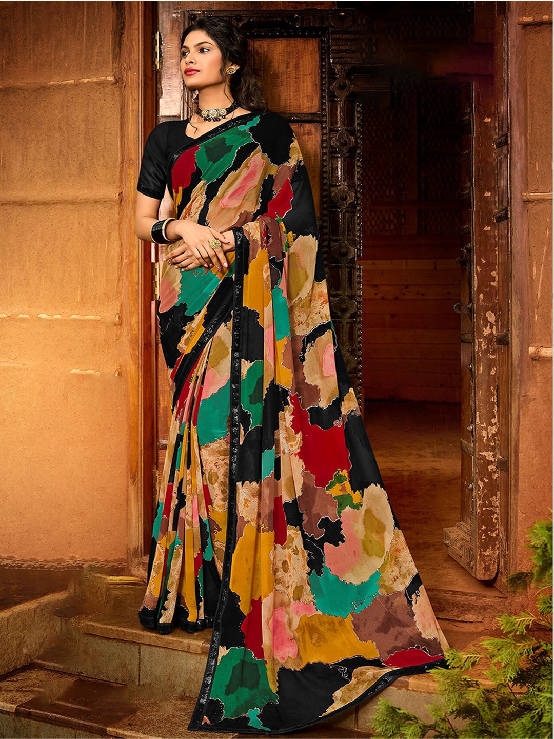 Anouk Ethnic Printed Sequinned Saree, Black