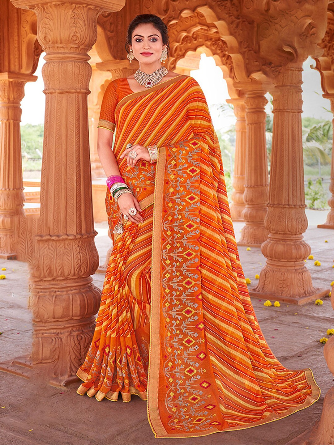 

Anouk Leheriya Printed Embroidered Saree, Orange