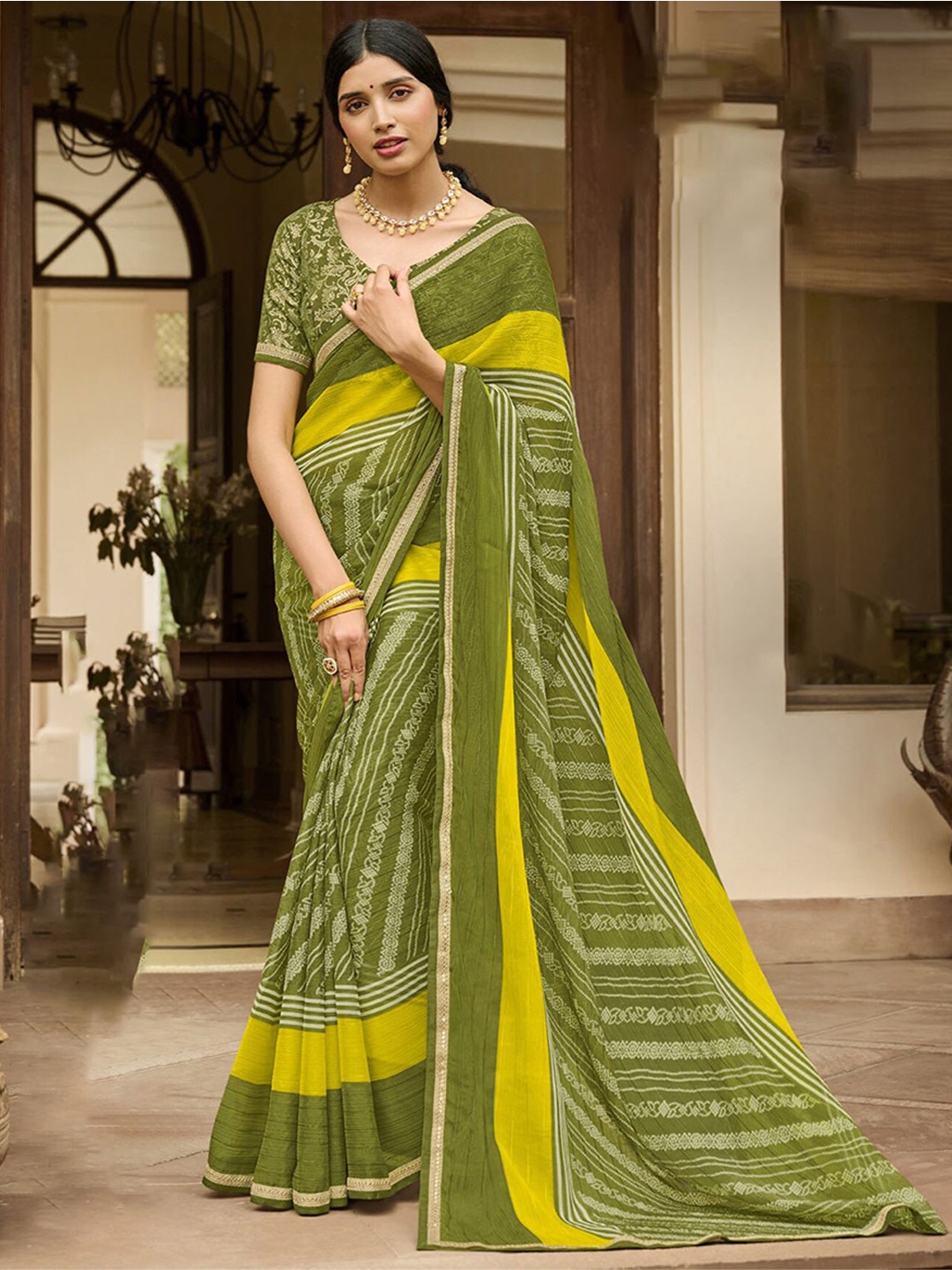 

Anouk Bandhani Printed Gotta Patti Saree, Olive