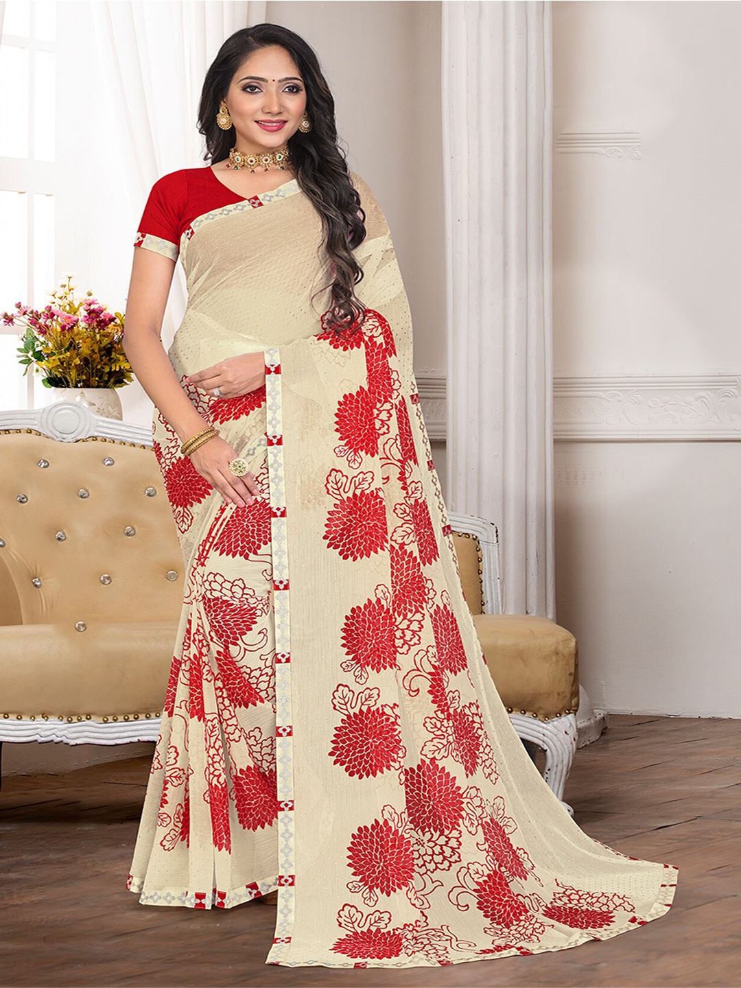 

Anouk Floral Printed Saree, Cream