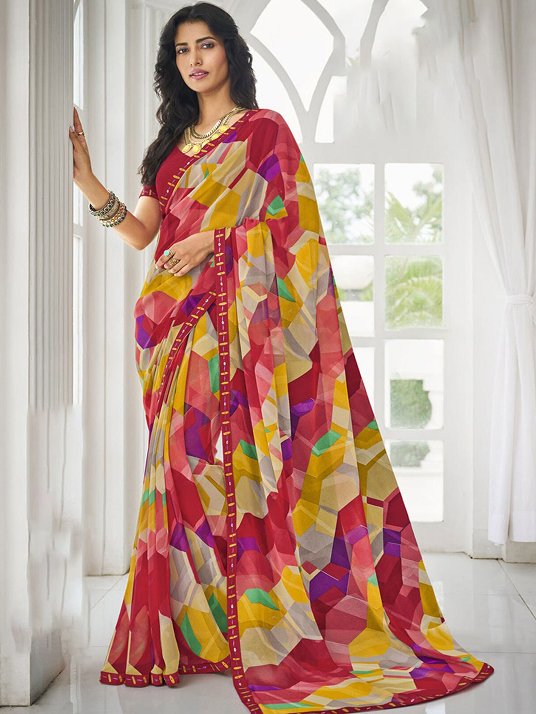 

Anouk Geometric Printed Beads And Stones Leheriya Saree, Red