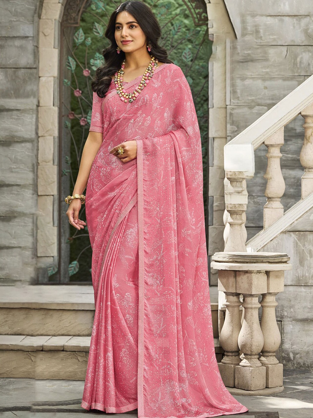 

Anouk Floral Printed Satin Saree, Pink