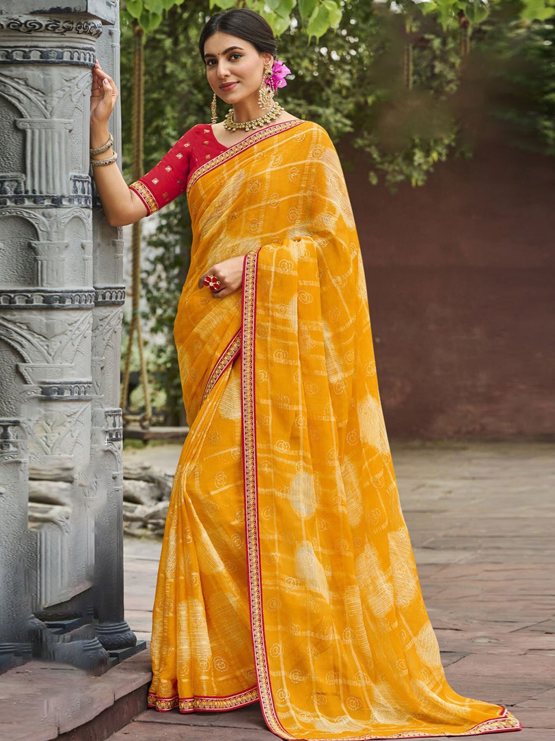 

Anouk Checked Embroidered Poly Chiffon Saree, Mustard