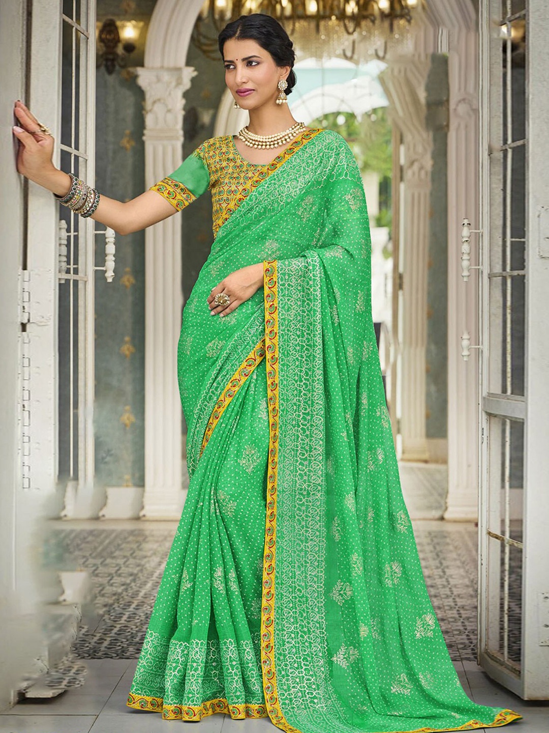 

Anouk Bandhani Printed Saree, Green