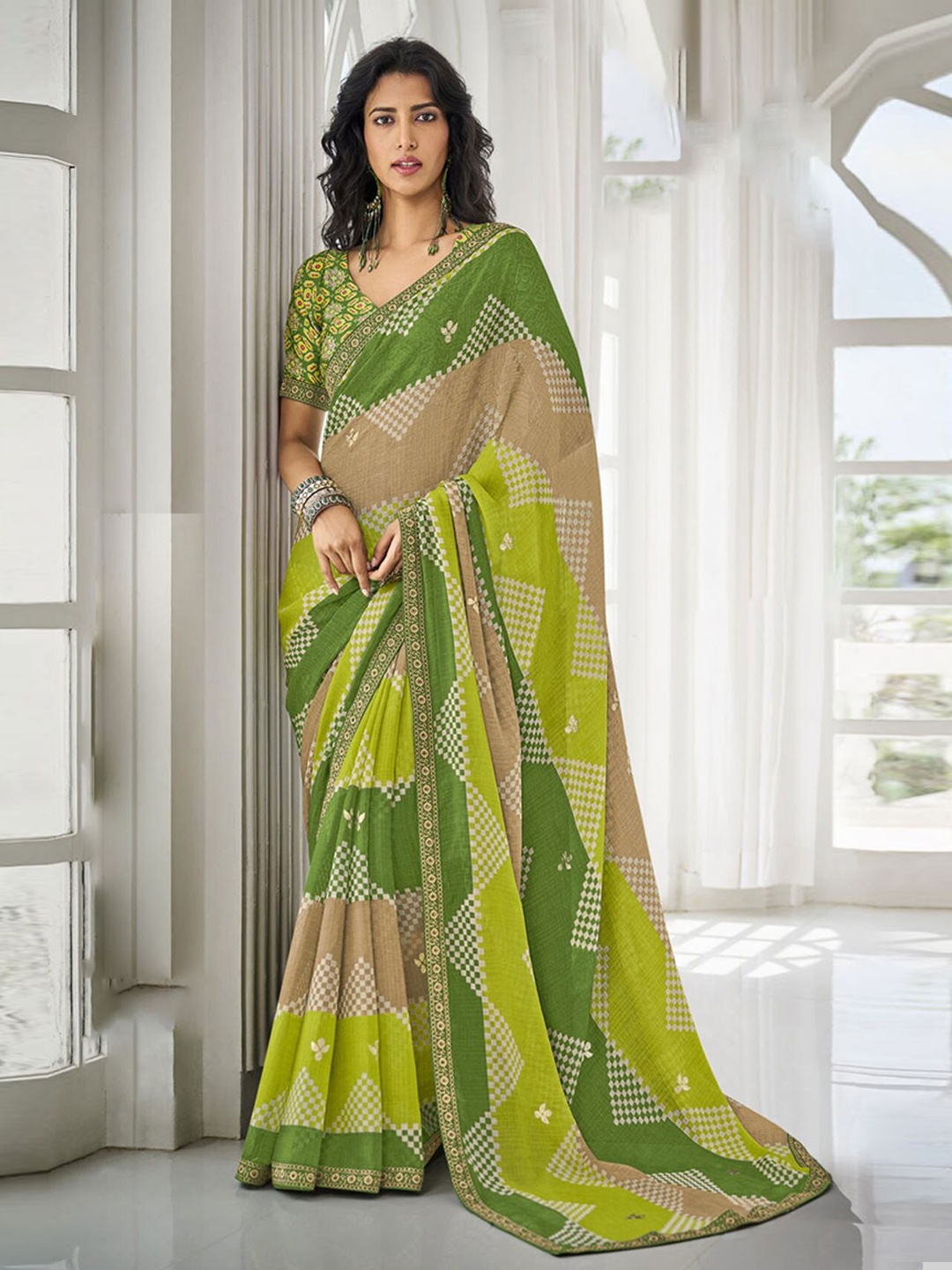 

Anouk Geometric Printed Saree, Green
