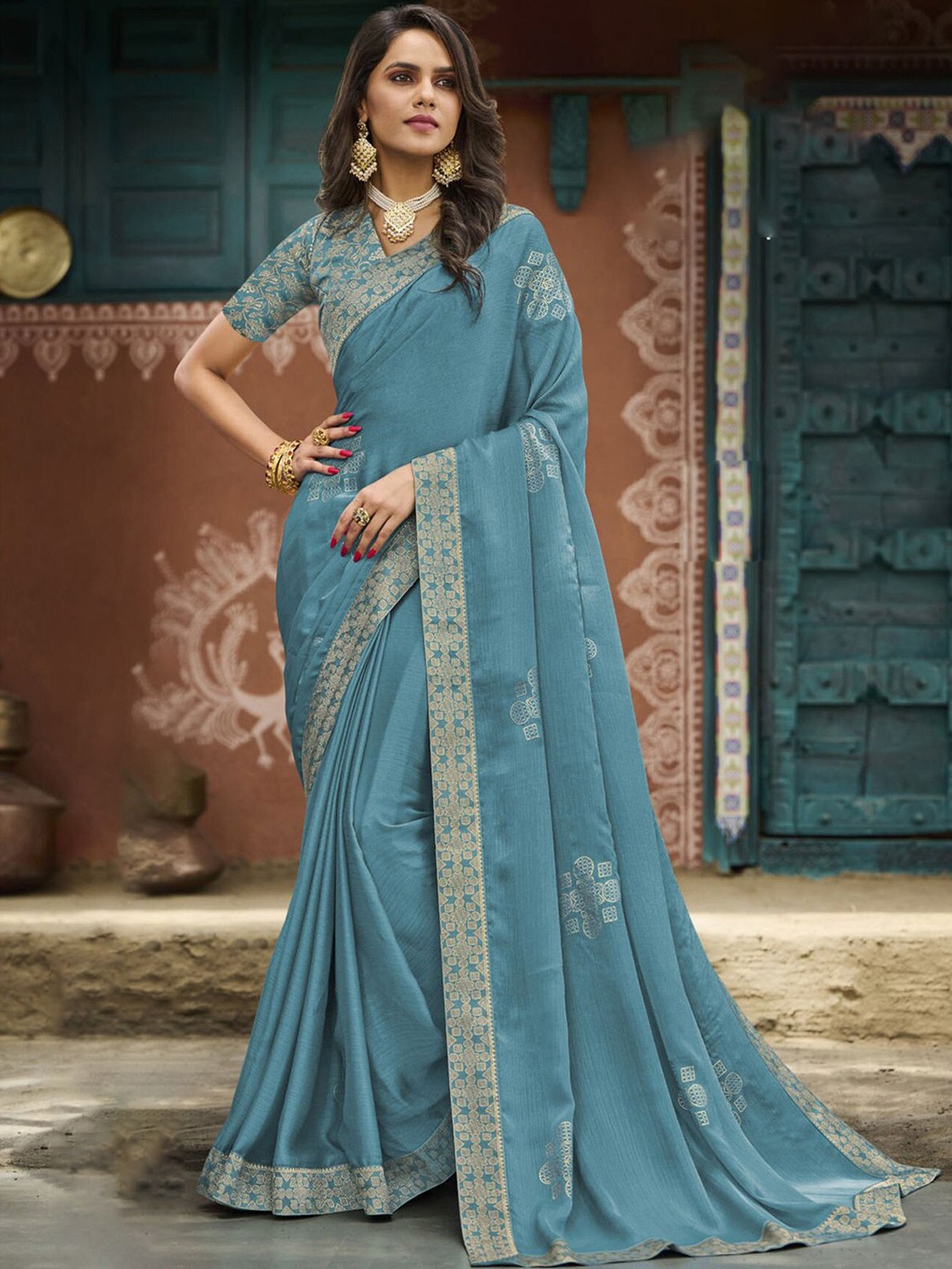

Anouk Blue Embellished Woven Design Saree, Turquoise blue