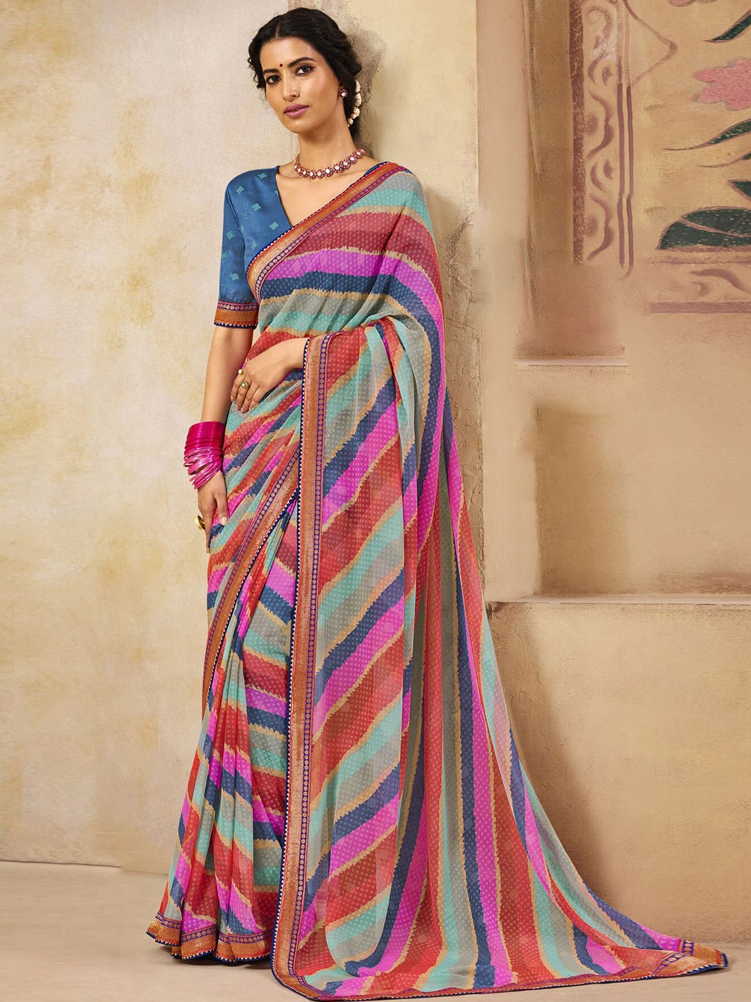 

Anouk Blue Leheriya Printed Leheriya Saree, Pink