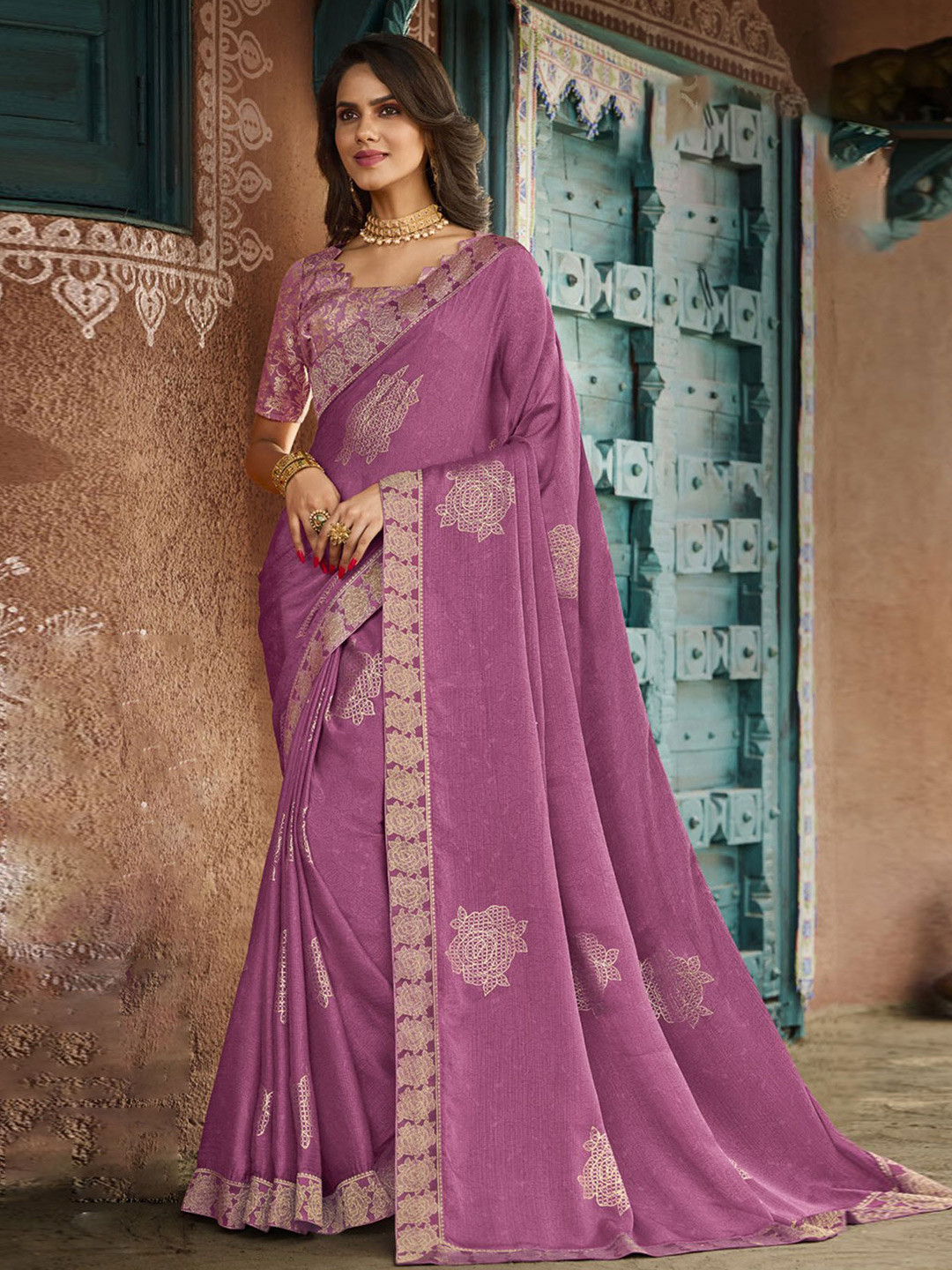 

Anouk Pink Embellished Woven Design Saree