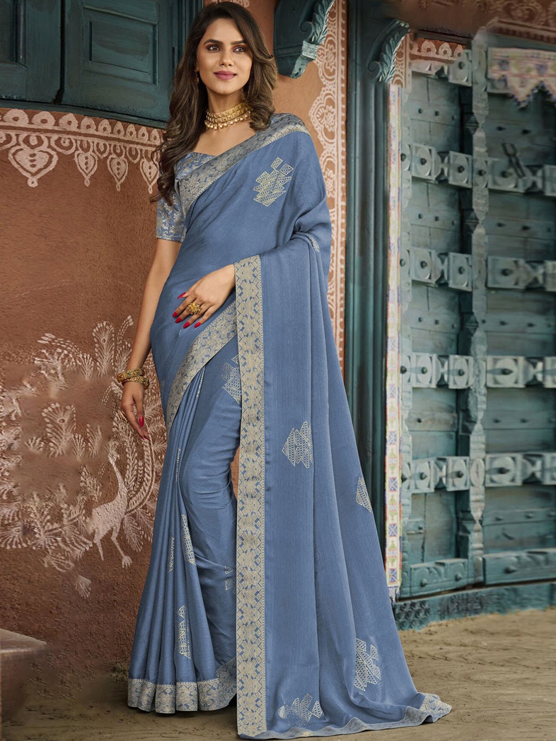 

Anouk Grey Embellished Woven Design Saree