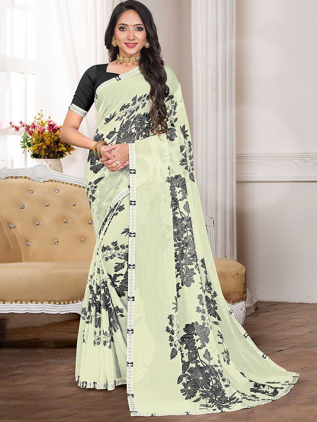 

Anouk Floral Printed Saree, Cream