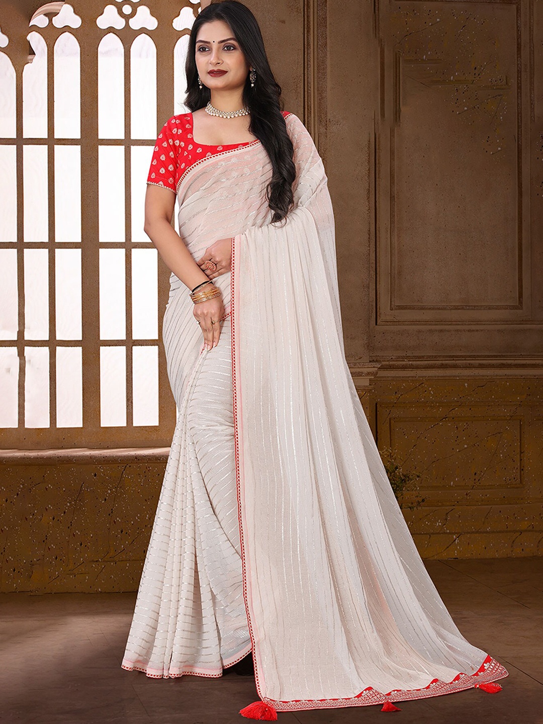 

Anouk Striped Printed Leheriya Saree, Off white