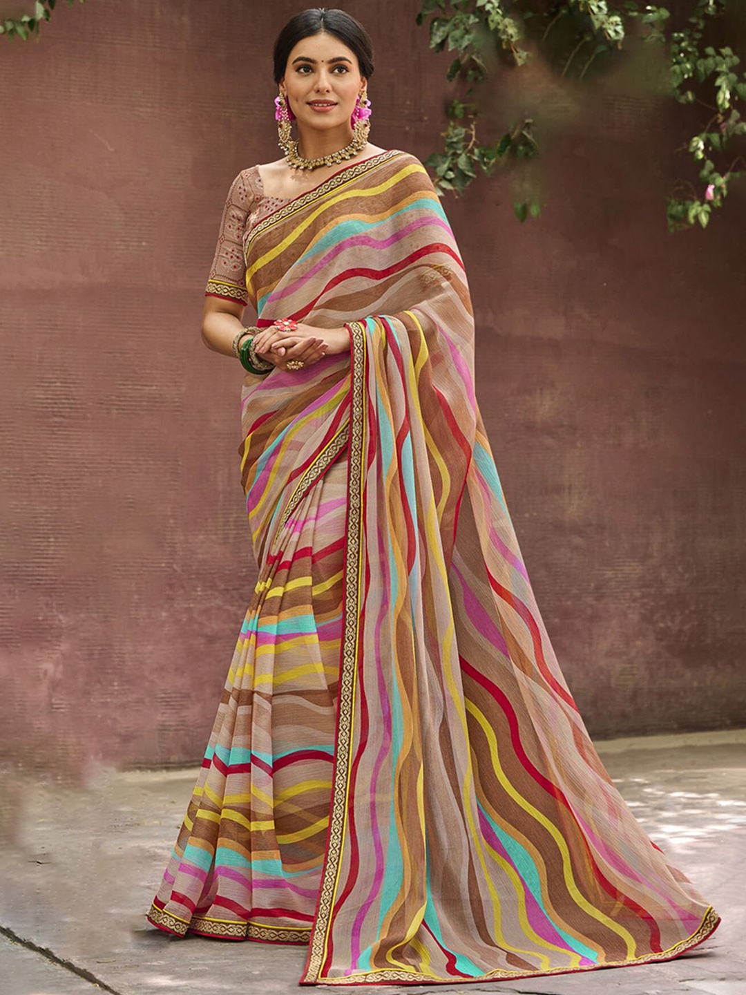 

Anouk Yellow Embroidered Leheriya Saree