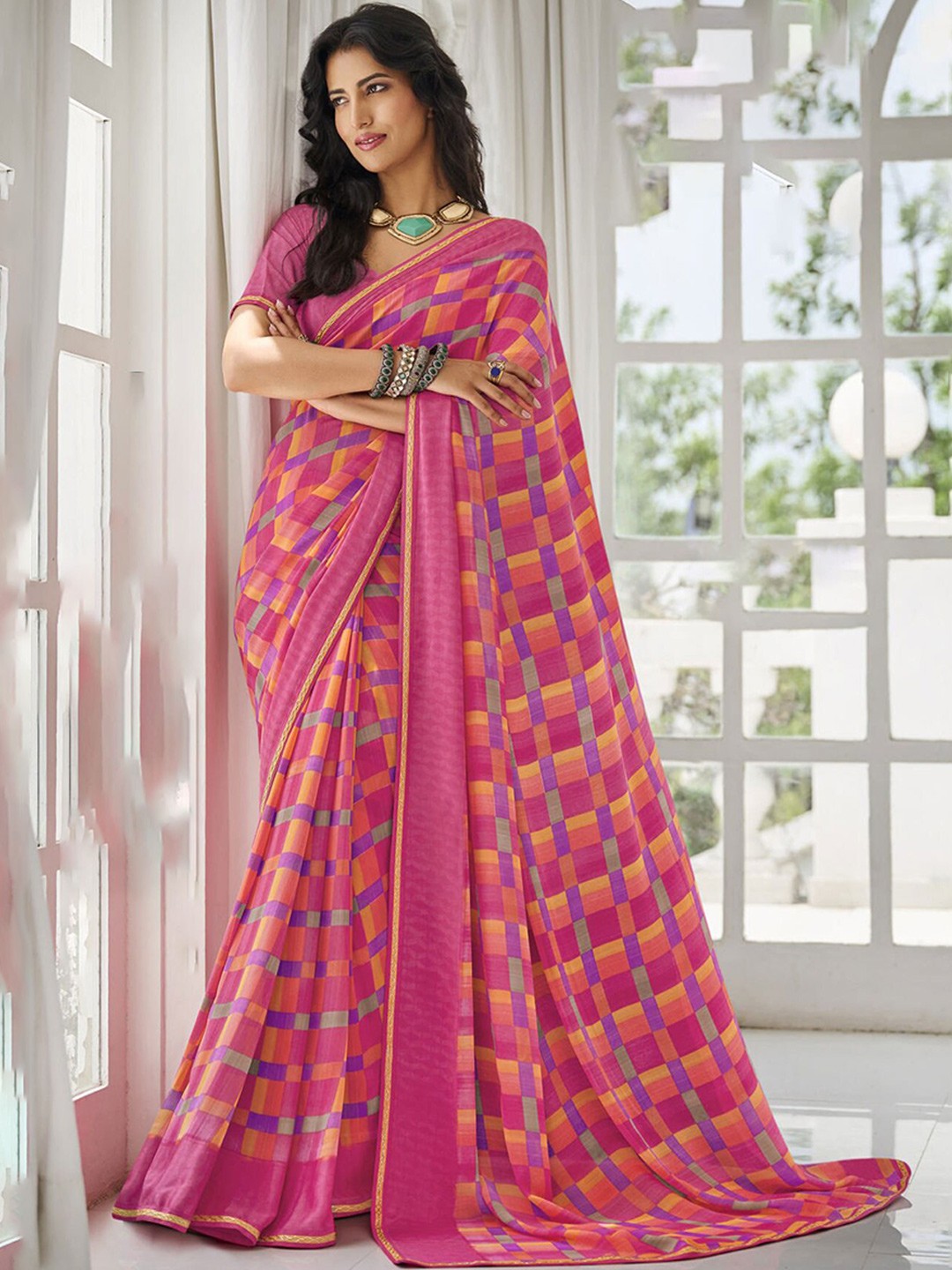 

Anouk Pink Geometric Printed Saree