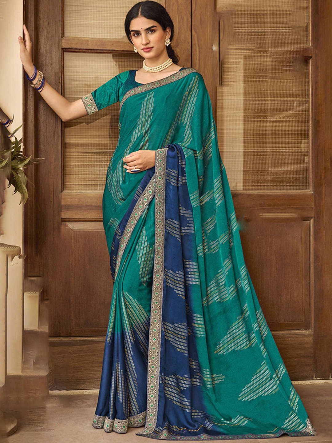 

Anouk Blue Ombre Woven Design Satin Saree