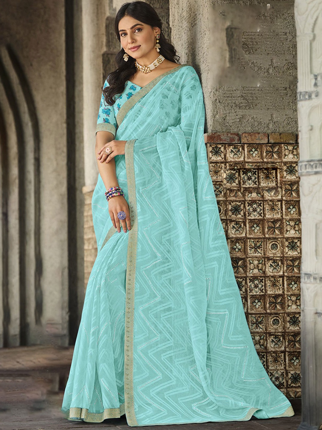 

Anouk Blue Leheriya Beads and Stones Brasso Saree