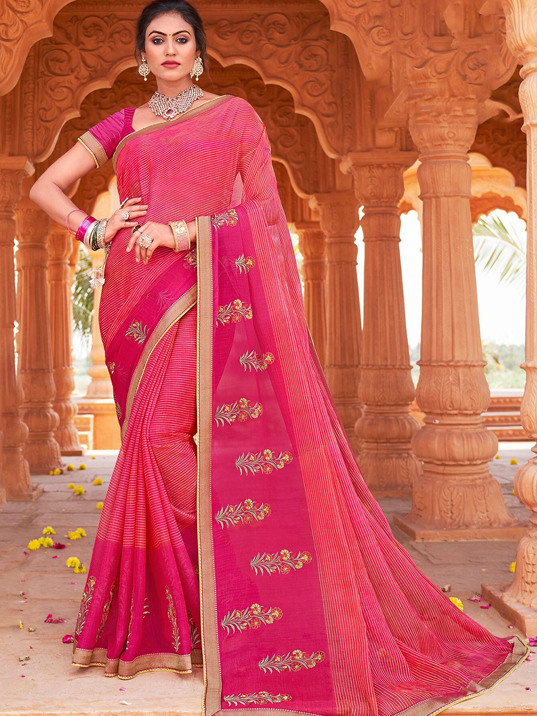 

Anouk Striped Gotta Patti Leheriya Printed Saree, Pink