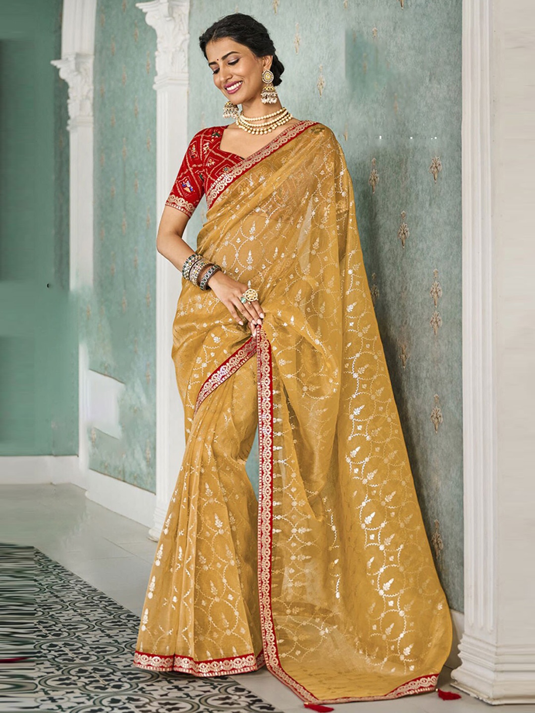 

Anouk Ethnic Motifs Embroidered Organza Saree, Mustard